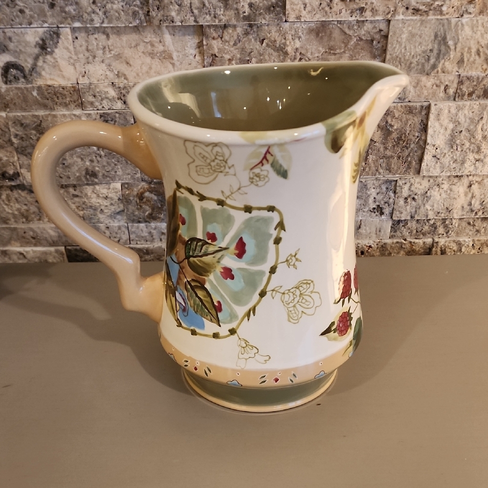 Tracy Poter Floral Ceramic Pitcher with Green and Cream Accents Hand Painted